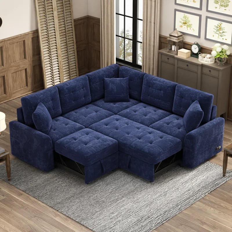 L-Shape Sofa Bed Pull-Out Sleeper Sofa With Wheels, USB Ports, Power Sockets For Living Room - Navy 