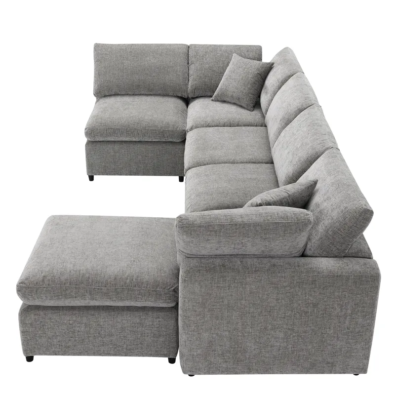 Modern Modular Cloud Sofa Bed, 6 Seat Chenille Sectional Couch Set With Ottoman, Free Combination, C