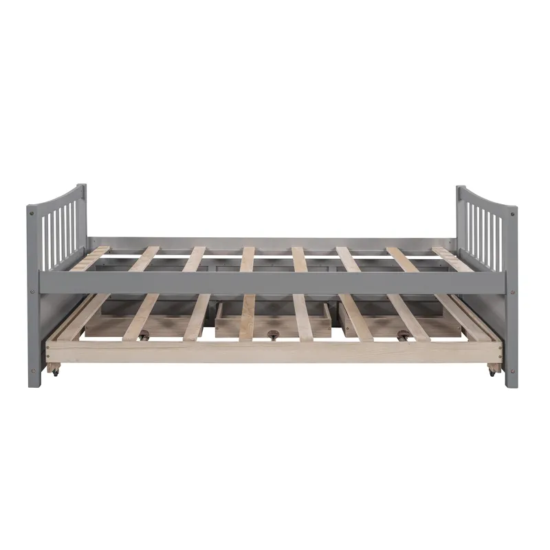 Twin Size Daybed With Trundle And Drawers - Gray