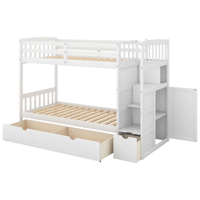 Twin Over Full / Twin Bunk Bed, Convertible Bottom Bed, Storage Shelves And Drawers - White