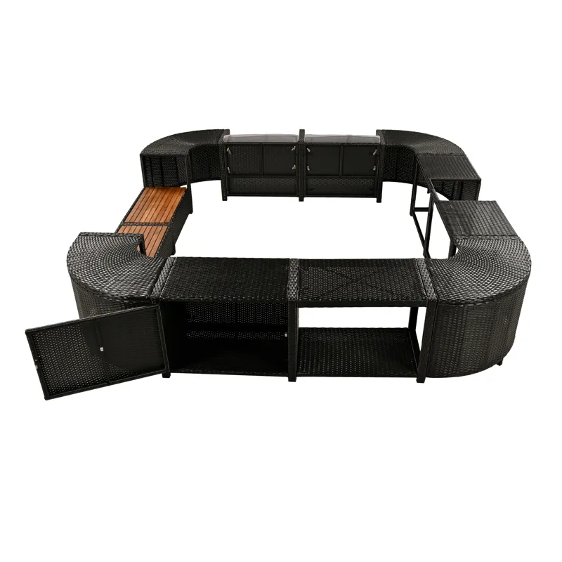 Spa Surround Spa Frame Quadrilateral Outdoor Rattan Sectional Sofa Set With Mini Sofa, Wooden Seats 