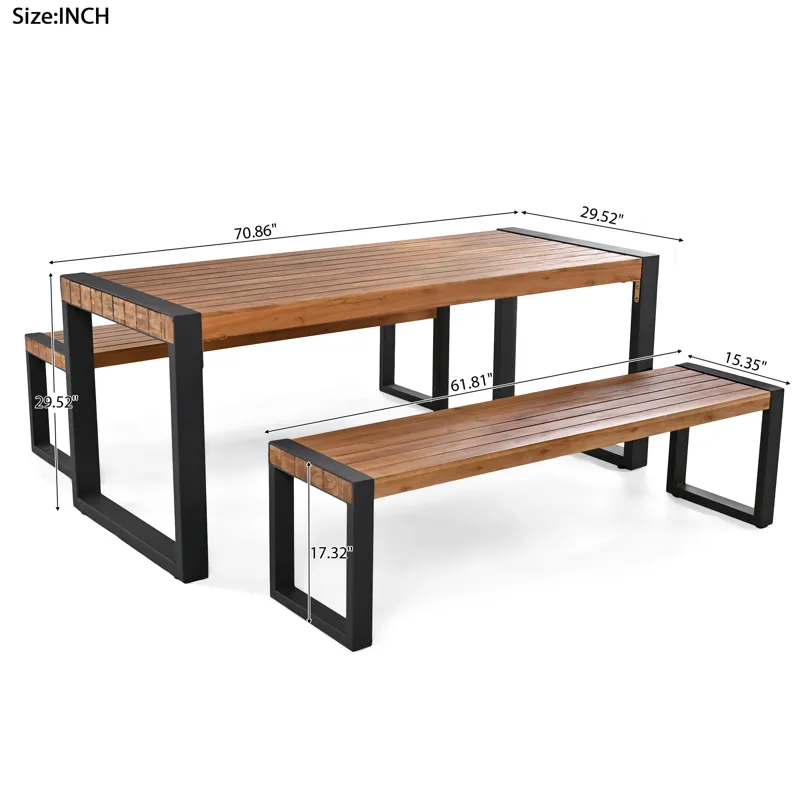 3 Pieces Outdoor Dining Table With 2 Benches, Patio Dining Set With Unique Top Texture, Acacia Wood 