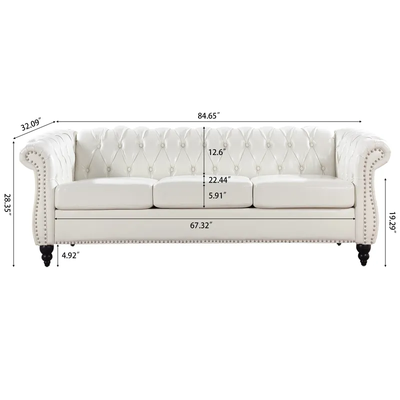 84.65\" Rolled Arm Chesterfield 3 Seater Sofa - White