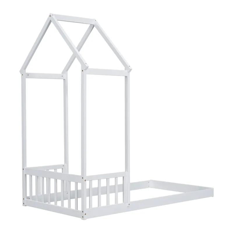 Twin House-Shaped Roof Headboard Floor Bed, (Without Slats) - White