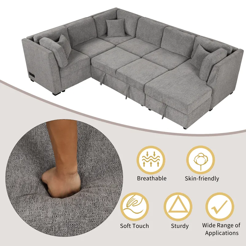 U-Shaped Sectional Sofa Pull Out Sofa Bed With Two USB Ports, Two Power Sockets, Three Back Pillows 