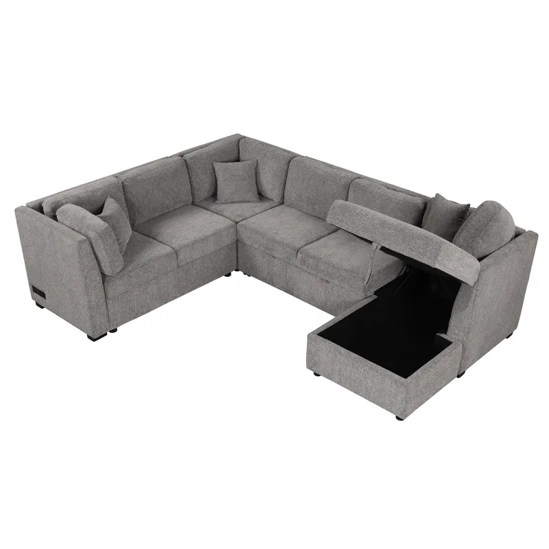 U-Shaped Sectional Sofa Pull Out Sofa Bed With Two USB Ports, Two Power Sockets, Three Back Pillows 