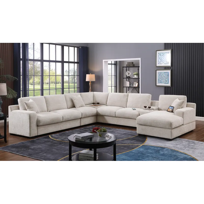 Celine - Chenille Fabric Corner Sectional Sofa With Right-Facing Chaise, Cupholders, And Charging Po