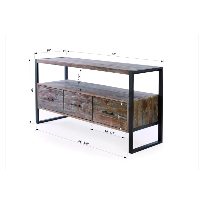 Reclaimed Wood Media TV Console Table With 3 Drarwer, Open Shelf - Antique Gray