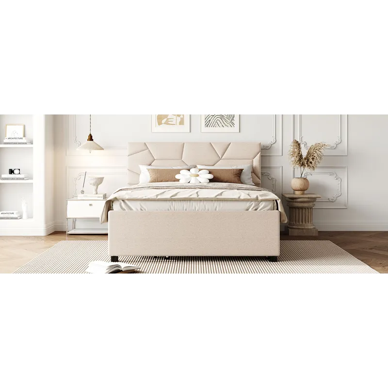 Full Size Upholstered Platform Bed With Brick Pattern Headboard And Twin Size Trundle, Linen - Beige