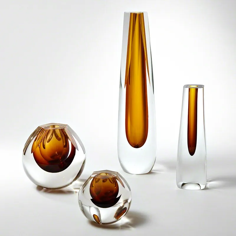 Triangle Cut Glass Vase-Amber