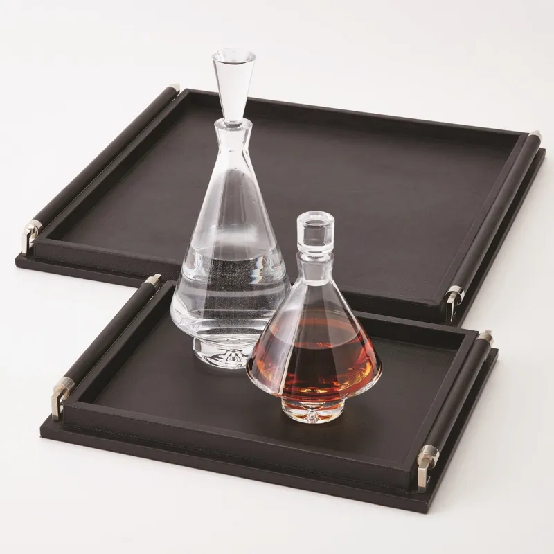 Wrapped Handle Tray-Black Leather-Lg