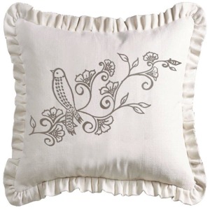 Gramercy White Linen Weave Ruffle Pillow w/Embroidery Detail