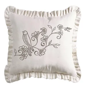 Gramercy White Linen Weave Ruffle Pillow w/Embroidery Detail