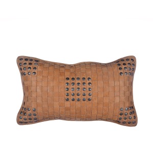 Soft Tan Basket Weave Leather Pillow with Stud Accents