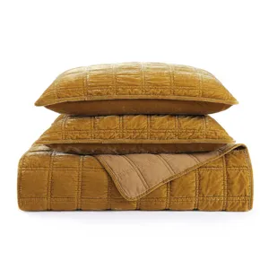Stella Faux Silk Velvet Double Box Stitch Quilt Set, Saffron - King