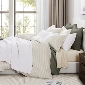 100% European Flax Linen Railroad Stripe Duvet Cover Set