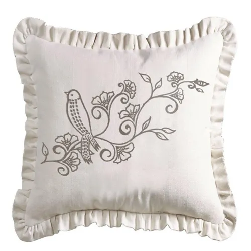 Gramercy White Linen Weave Ruffle Pillow w/Embroidery Detail