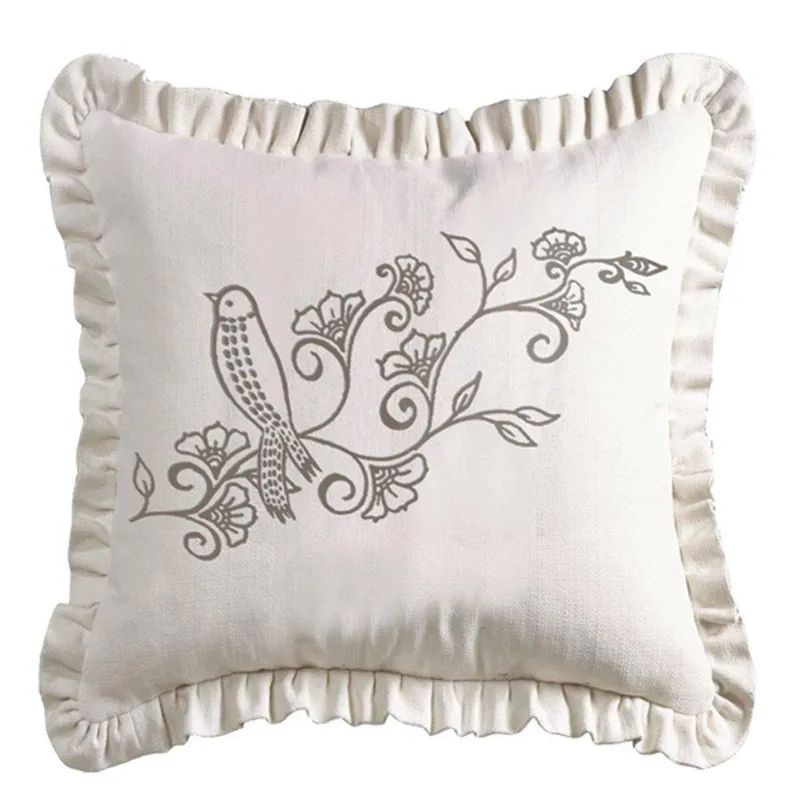 Gramercy White Linen Weave Ruffle Pillow w/Embroidery Detail