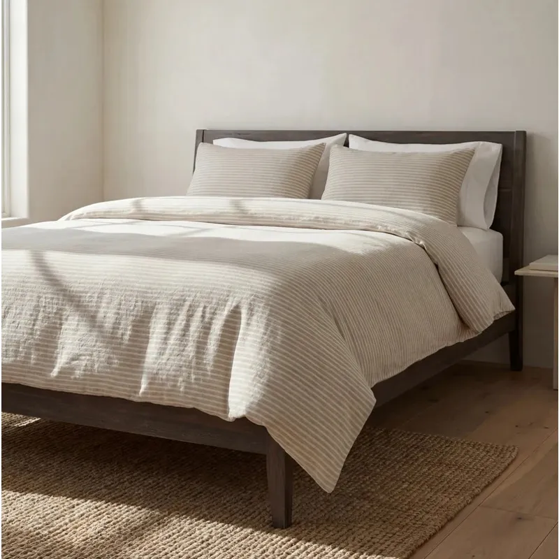 100% European Flax Linen Railroad Stripe Duvet Cover Set