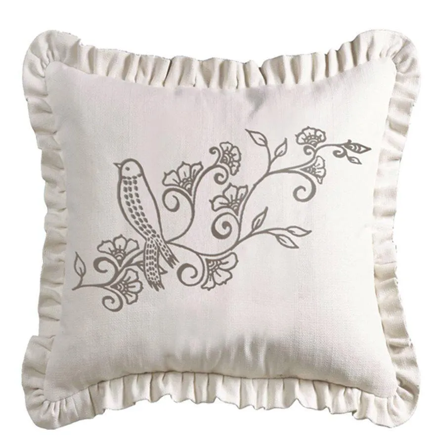 Gramercy White Linen Weave Ruffle Pillow w/Embroidery Detail