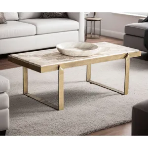 Argos 49" Large Coffee Table with Capri Beige Marble Top and Antique Brass Base
