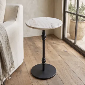 Detroit 12" Side Table in White Travertine with Casting Base