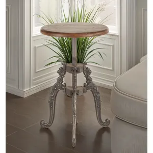 French Vintage 16" Adjustable Stool in Weathered Teak