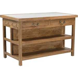 Manila 58" Kitchen Island Table with White Marble Top and Natural Mango Base