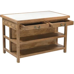 Manila 58" Kitchen Island Table with White Marble Top and Natural Mango Base