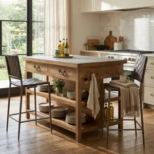 Manila 58" Kitchen Island Table with White Marble Top and Natural Mango Base