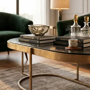 Reno 43" Coffee Table with Black Marble and Antique Brass Base