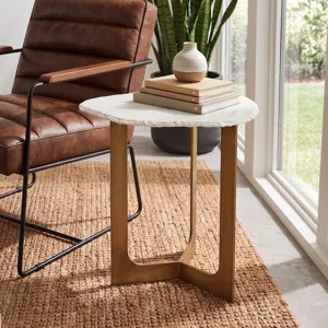 Reno 24" Side Table in White Marble and Antique Brass Base