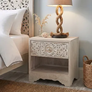 Taj 26" Nightstand with Plinth Base in Carved Heirloom White