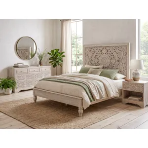 Taj 26" Nightstand with Plinth Base in Carved Heirloom White