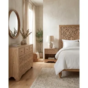 Taj Queen Bed in Hand Carved Whitewash
