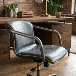 Portofino Swivel Office Chair in Antique Ebony Leather and Antique Zinc