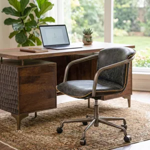 Portofino Swivel Office Chair in Antique Ebony Leather and Antique Zinc
