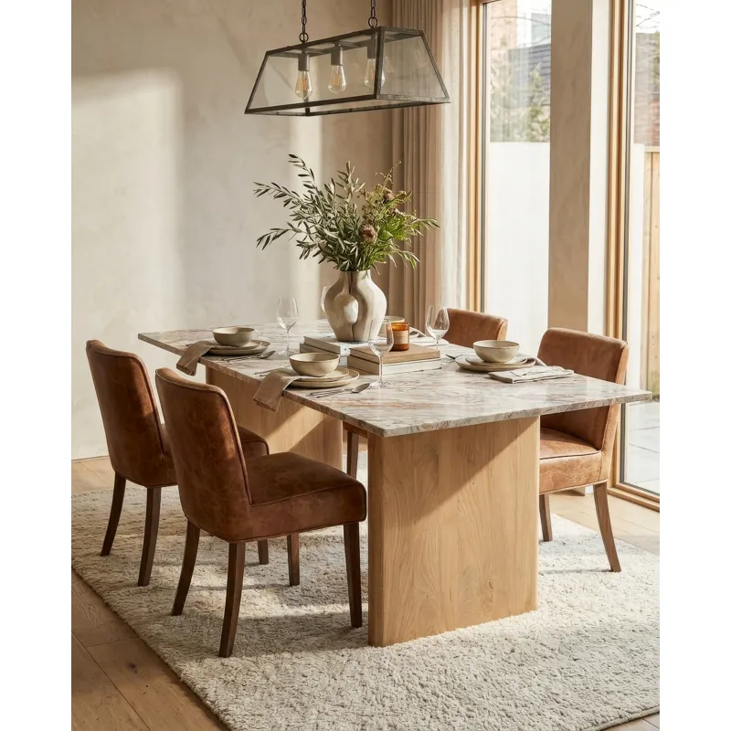 Abra 76" Dining Table in Toronto Marble Top and Light Mango Base