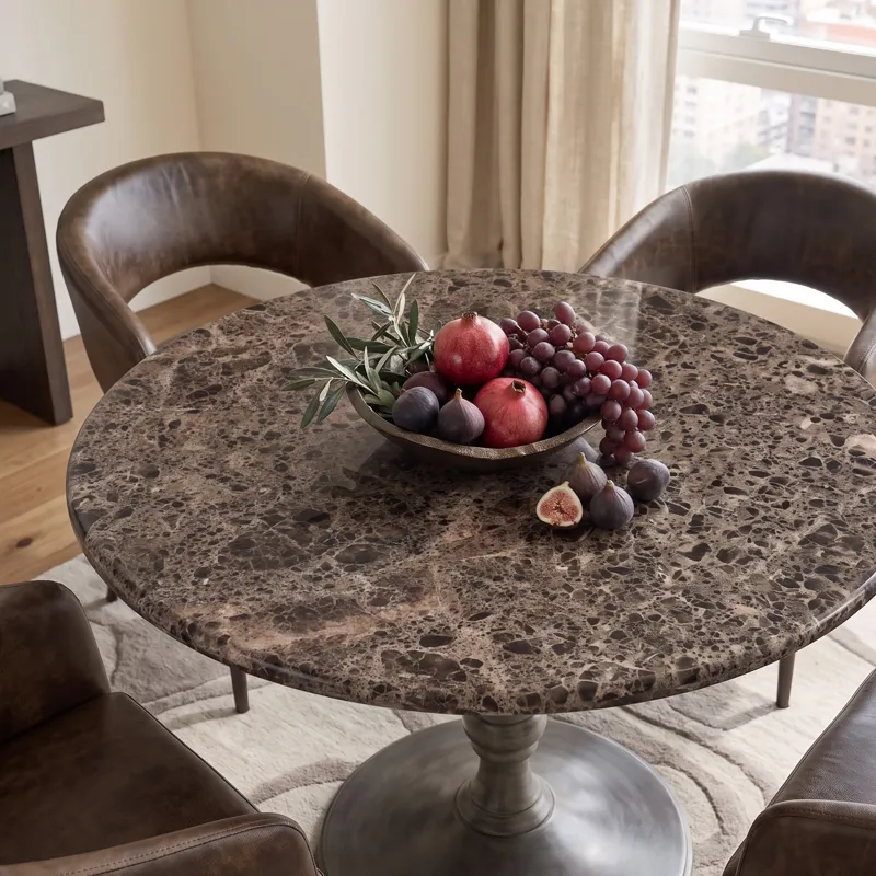 Dauphine 48" Round Dining Table in Dark Emperador Marble with Aged Brass Base