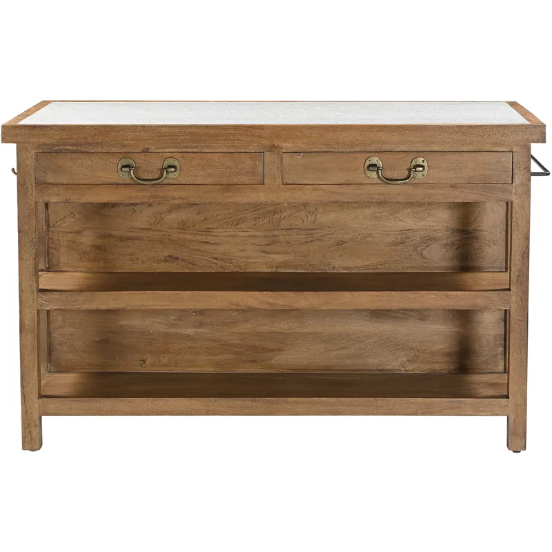 Manila 58" Kitchen Island Table with White Marble Top and Natural Mango Base