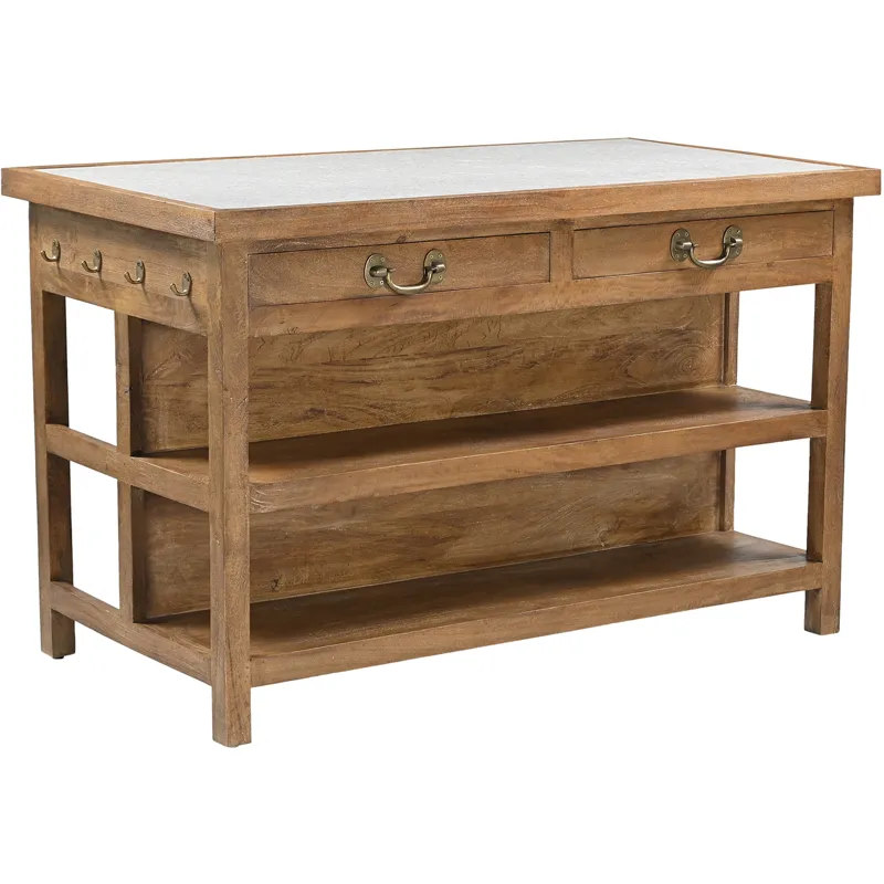 Manila 58" Kitchen Island Table with White Marble Top and Natural Mango Base