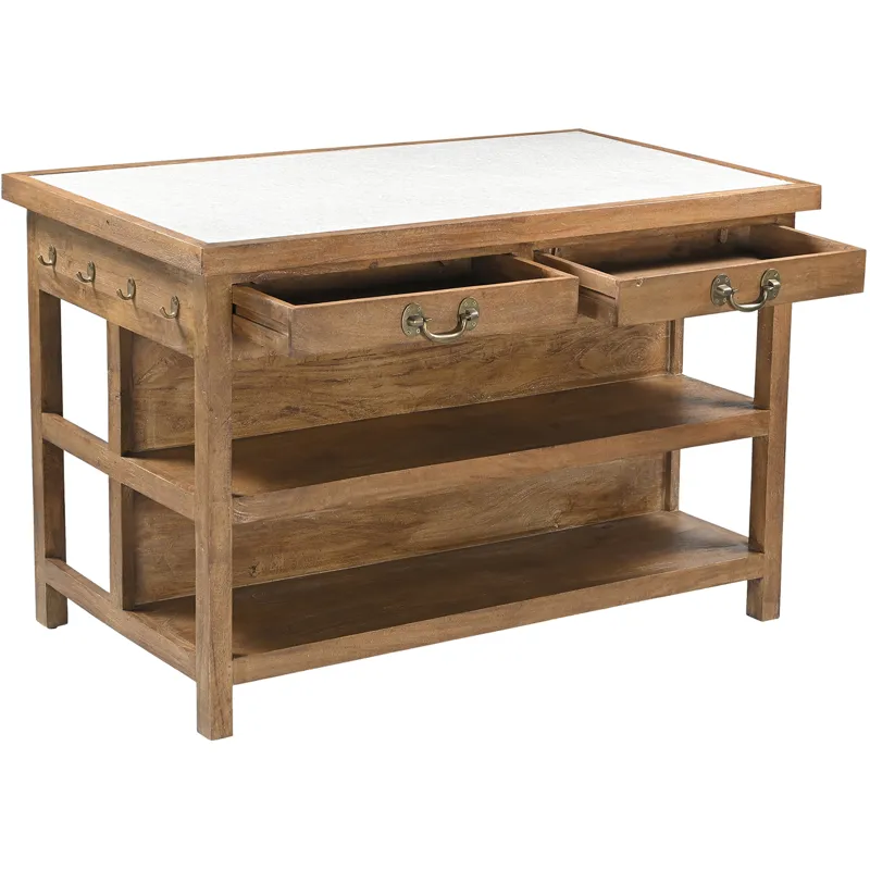 Manila 58" Kitchen Island Table with White Marble Top and Natural Mango Base