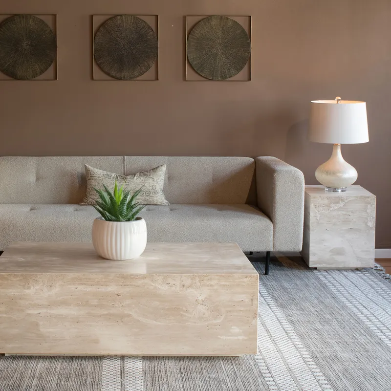 Nile 50" Drum Coffee Table in Travertine Stone