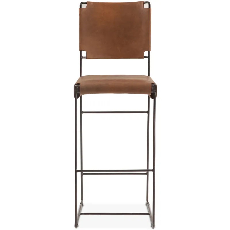 New York 18" Bar Chair in Brown Buffalo Leather and Iron