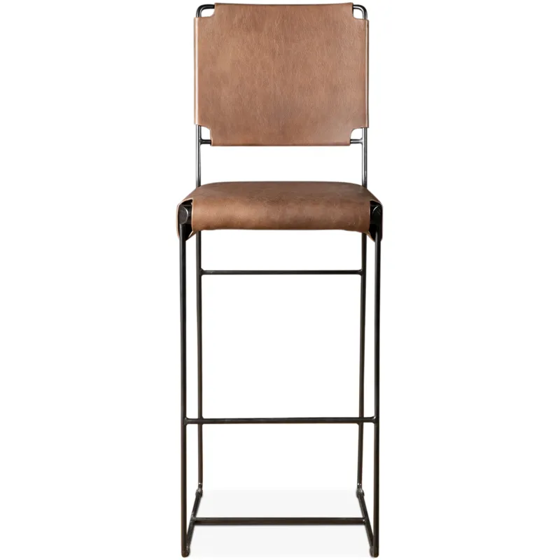 New York 18" Bar Chair in Brown Buffalo Leather and Iron