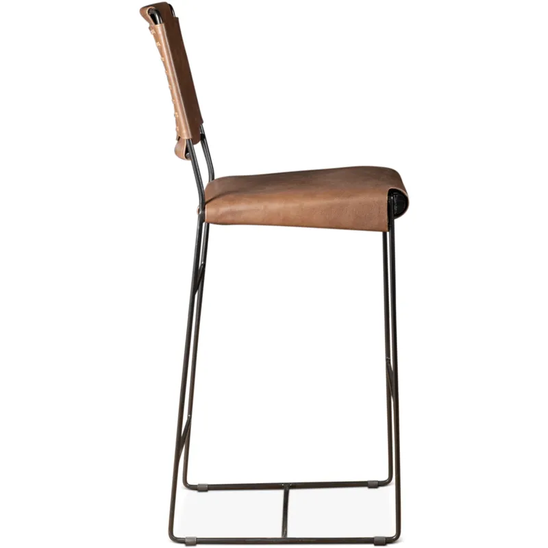 New York 18" Bar Chair in Brown Buffalo Leather and Iron