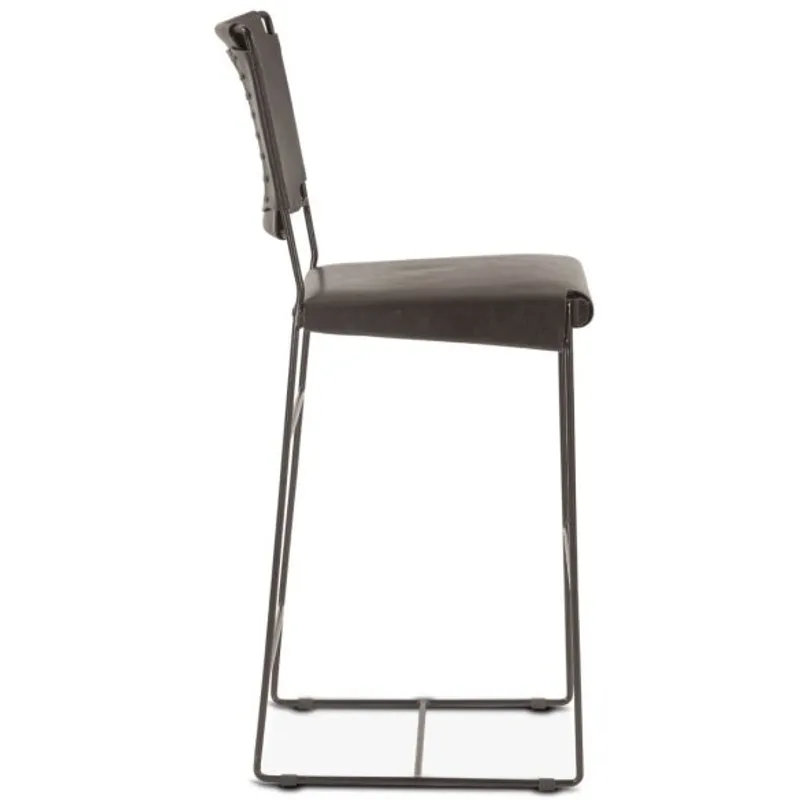 New York 18" Counter Chair in Black Buffalo Leather and Iron