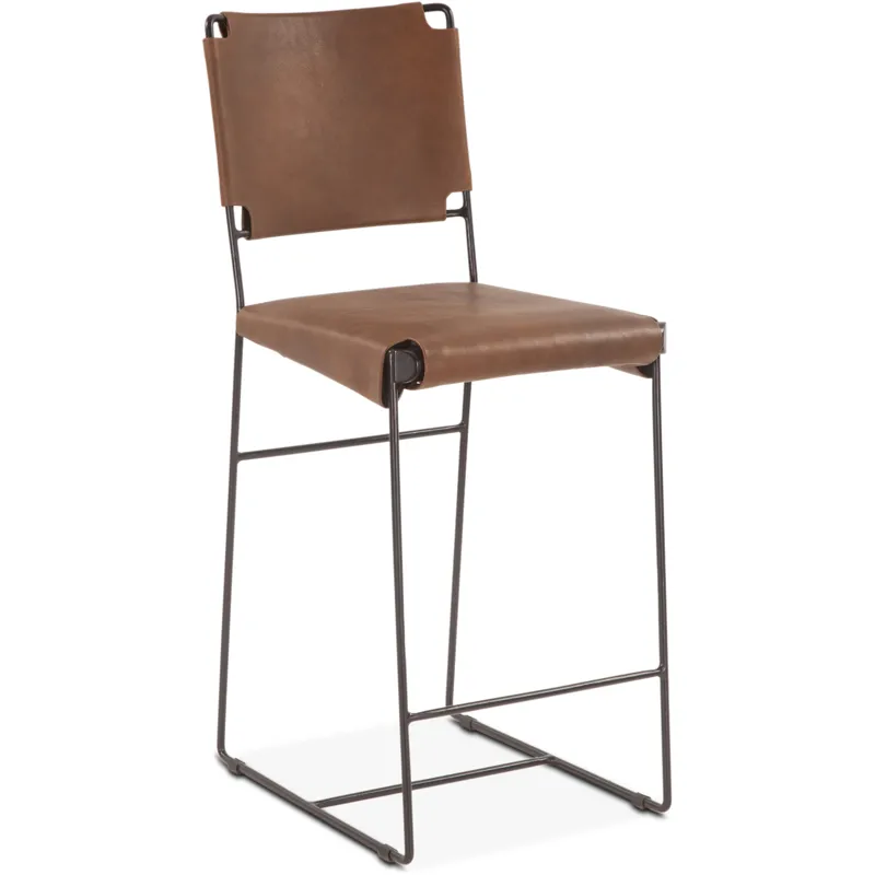 New York 18" Counter Chair in Brown Buffalo Leather and Iron