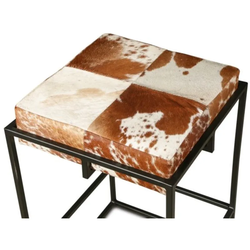 New York 17" Backless Counter Stool in Brown Cowhide Leather and Iron