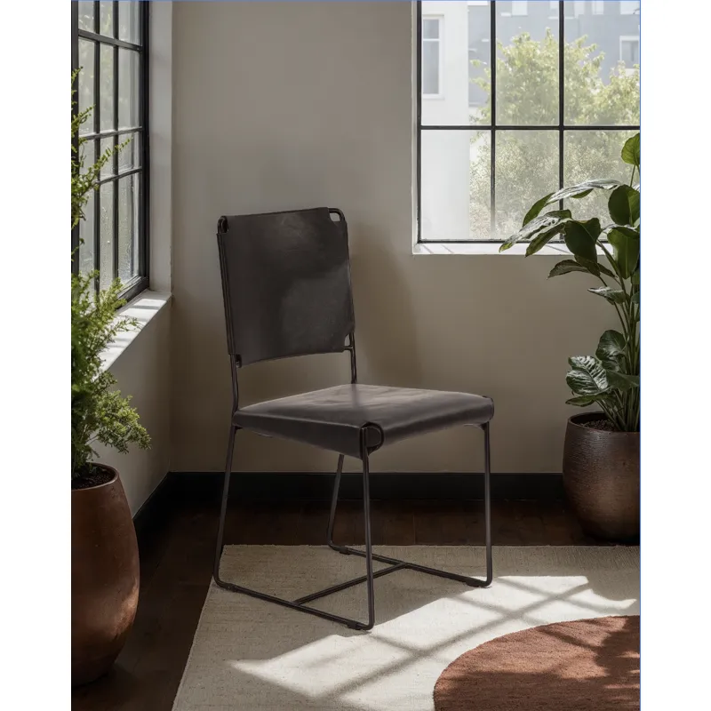 New York 18" Dining Chair in Black Buffalo Leather and Iron
